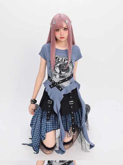 Taschentuch Saum Mesh Patchwork Y2K Schwarz Blau/ Weiß Karierter Rock Schwarz