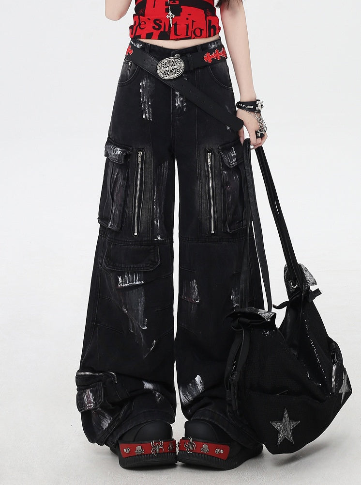 with Cut Rise Denim Pants Cargo Leg Paint Low Spray Black Wide