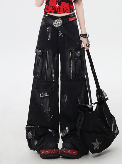 with Cut Rise Denim Pants Cargo Leg Paint Low Spray Black Wide