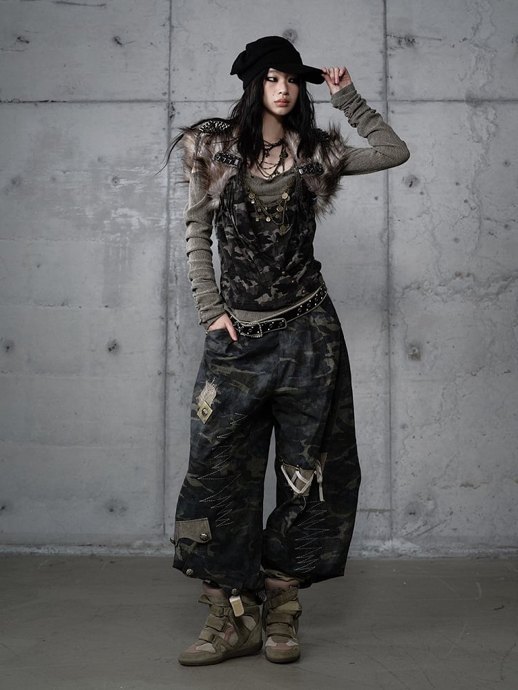 Pants Cargo Zigzag Punk Deconstructed with Camo Embroidery Vintage Design