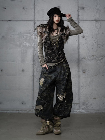 Pants Cargo Zigzag Punk Deconstructed with Camo Embroidery Vintage Design