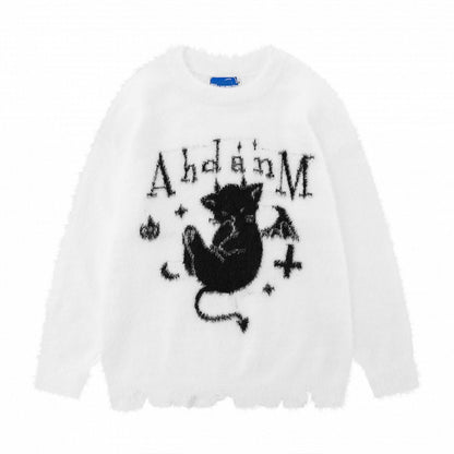Sweater Black/White with Distress Kitten Plush Design Trim Devil and