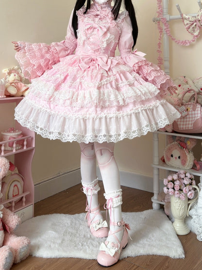 White Lace Lolita Decorated Trims Hanayome Pink Skirt Bows Dress Jumper