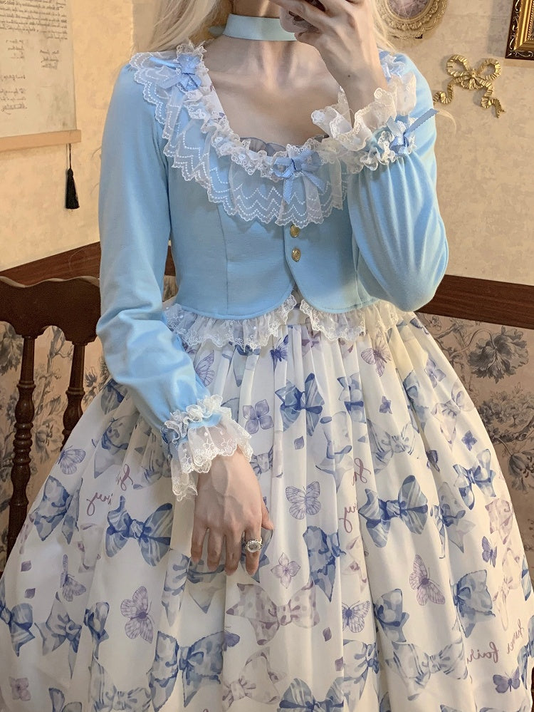 mit abgeschnittener Spitze Herbst Baby Lolita Blau Cardigan Schleife und Akzentbesatz