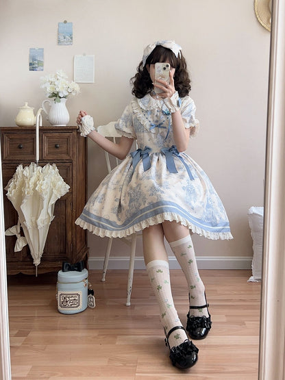 Dress Print Collar Blue Lolita Pan Short Sleeves Grapes Peter