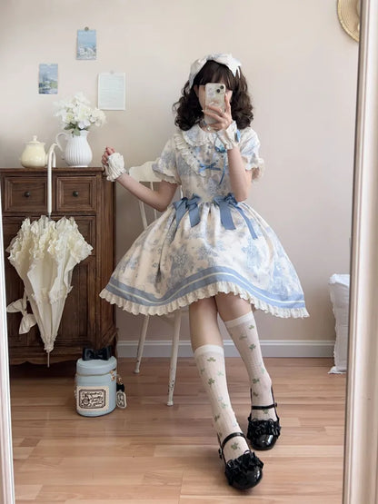 Kragen Lolita Kleid Pan Trauben Kurze Ärmel Blau Peter Print