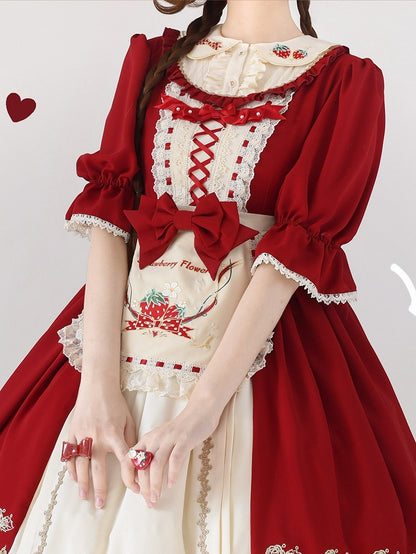 with Lolita Hem and Sweet Beige Embroidered Red Dress Ruffle Strawberry Short-sleeved Apron