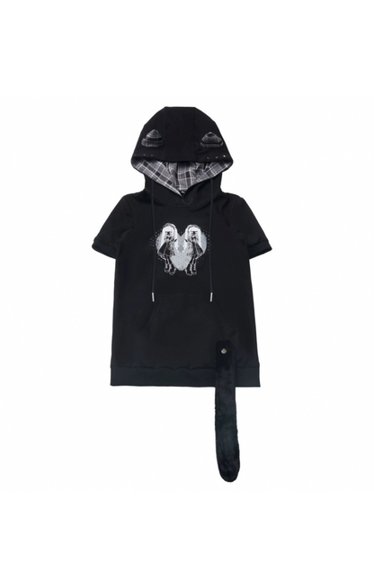 + ハーフチェックフード付きトップスパンツシャツ