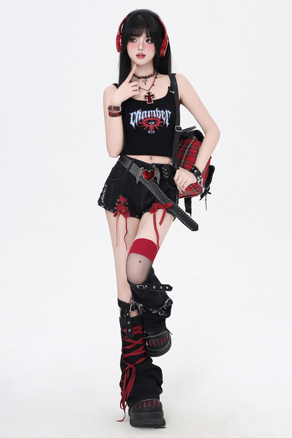 ショートパンツ カラーリボン デニム レースアップ