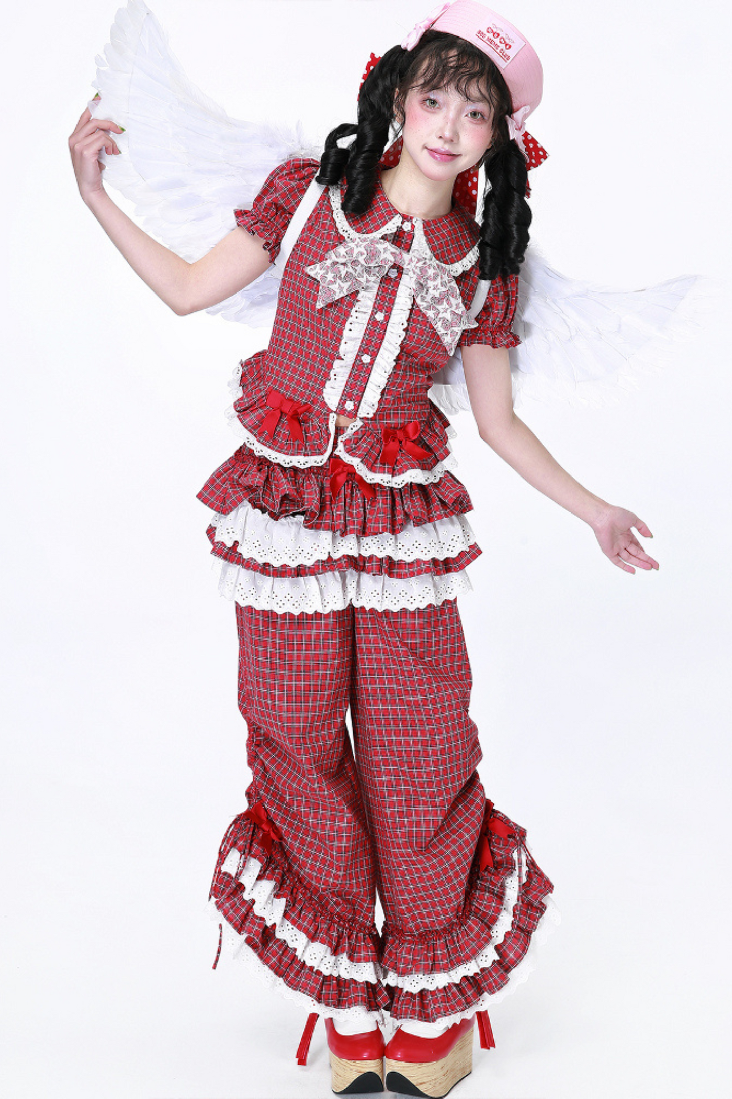 トップススリーブチェックパフレトロ