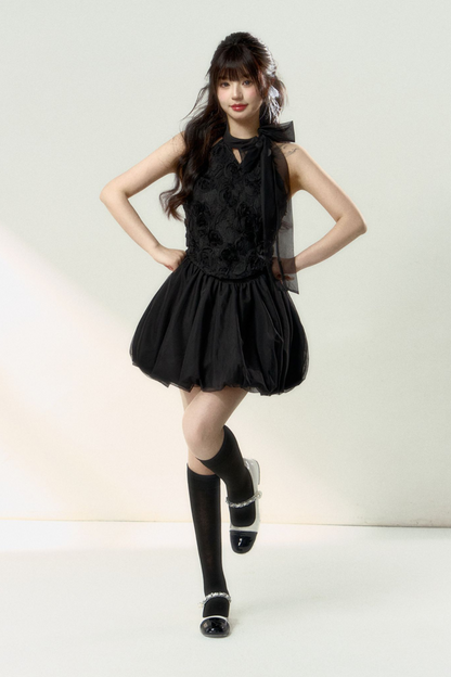 ロング丈＆スイートなノースリーブショートフラワーフレンチスカートバルーントップ