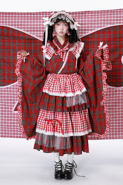 レッドシック着物レトロチェックスカート