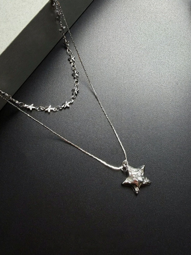 Silver Layered Star Pendant Necklace - YSHXS