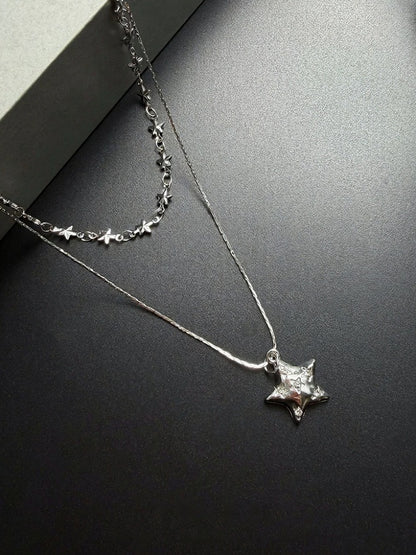 Silver Layered Star Pendant Necklace - YSHXS