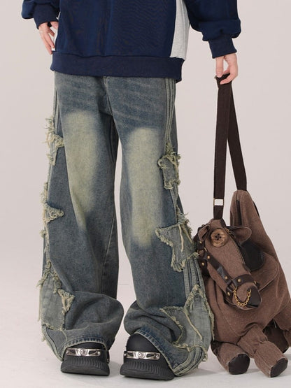 Patchwork Jeans Wide-Leg Distressed Star Blue Vintage - Detail