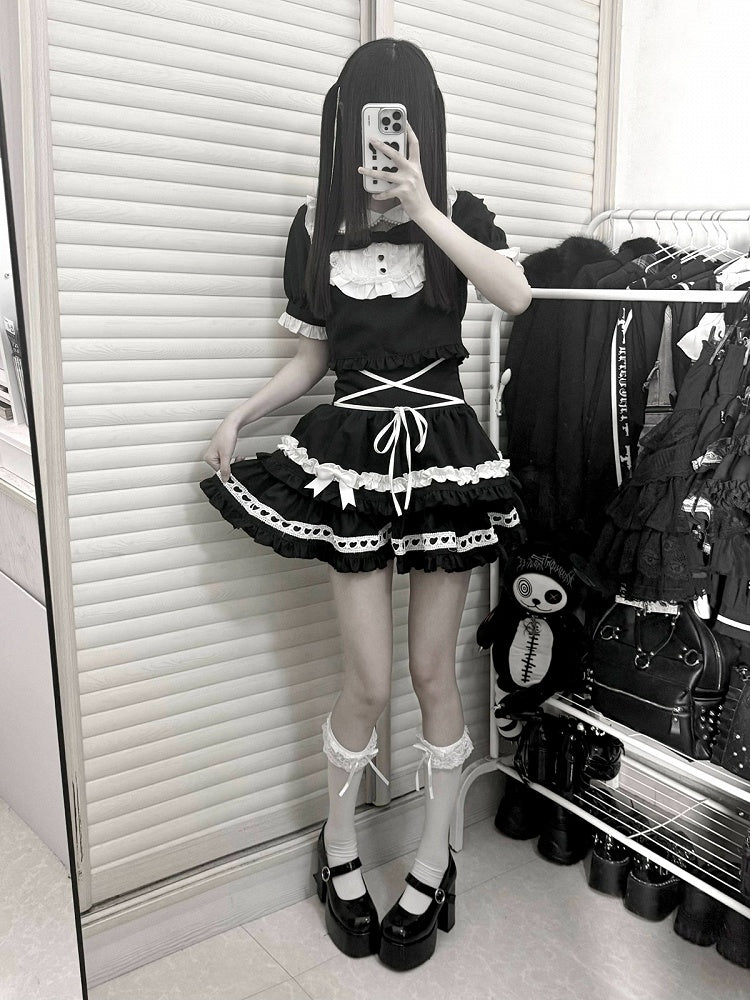 Black & White Peter Pan Collar Top + Tiered Skirt Set - Bug Starting