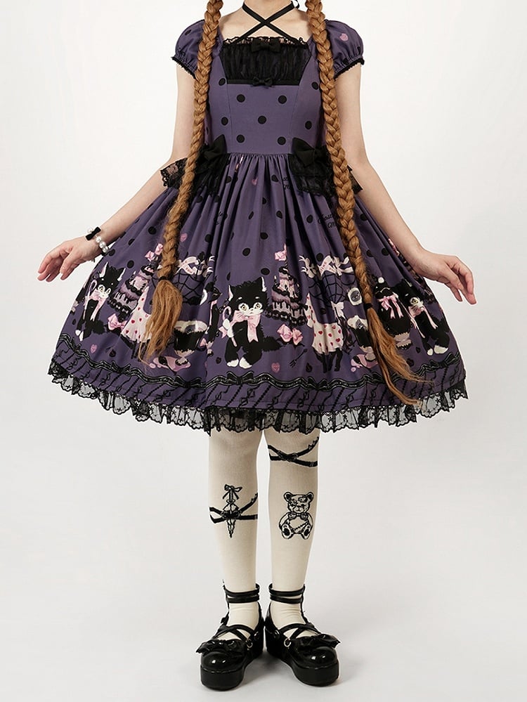 Black Purple Sweet with Print Polka Bow Lolita Cat Accents Dot Dress
