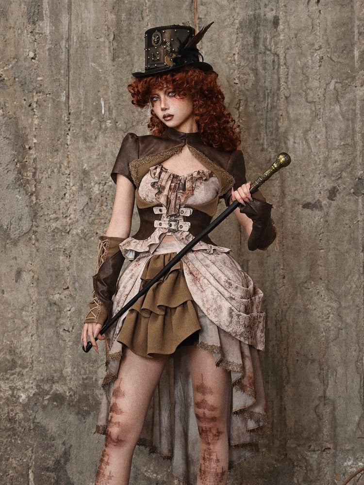 ブラウンのスチームパンクレザーバンドカラートップ