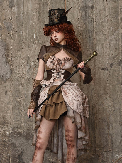 ブラウンのスチームパンクレザーバンドカラートップ