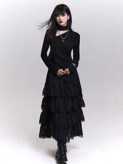 Gray/Black Long Sleeve Top with Gathering Details and Asymmetrical Neckline