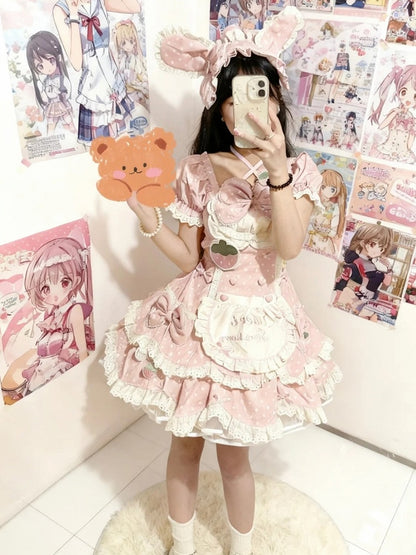 Polka Dress Bow with Details Sweet OP Strawberry and Dot Themed Pink Light Lace Lolita