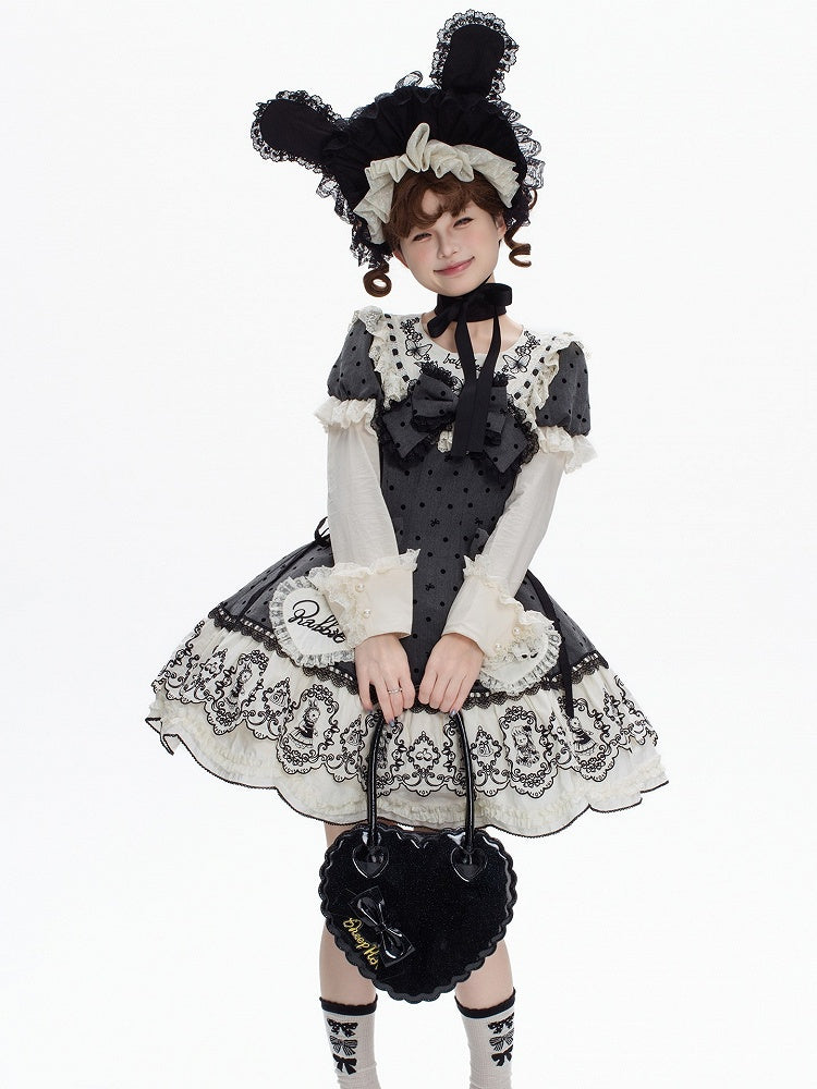 Sweet Rabbit Gray Polka Dot Pattern Sweetheart Lolita Detachable Dress Bonnet + with Sleeves Set Appliques