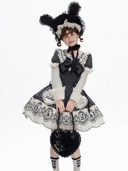 Sweet Rabbit Gray Polka Dot Pattern Sweetheart Lolita Detachable Dress Bonnet + with Sleeves Set Appliques