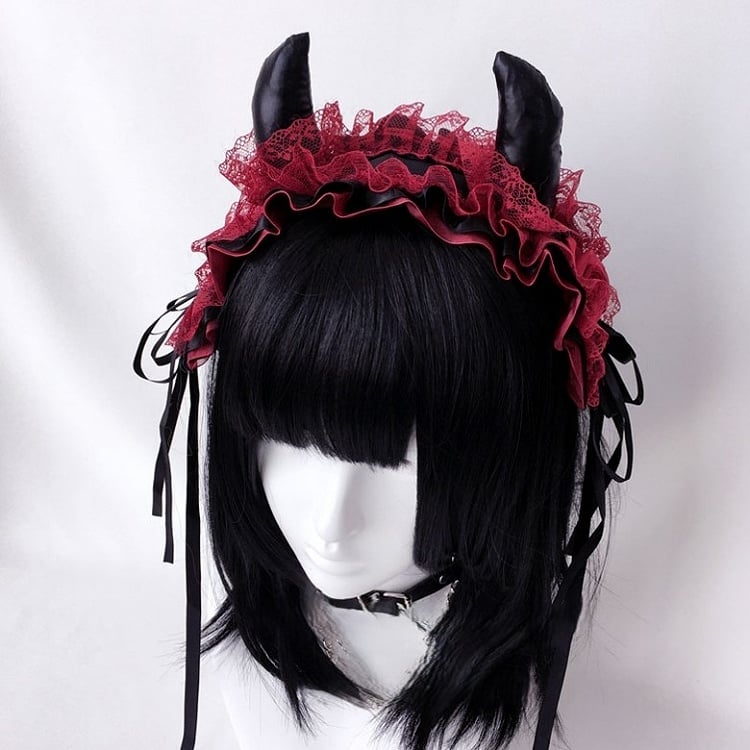 Gothic Black/Red Lace Horn Hairband Demon
