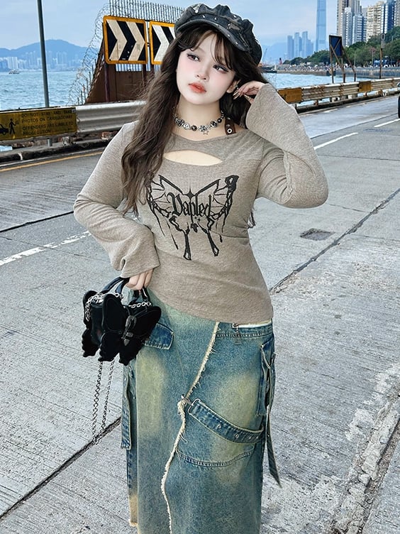 Plus Size Light Coffe Butterfly Print Cutout Detail Long-Sleeve Halter Top