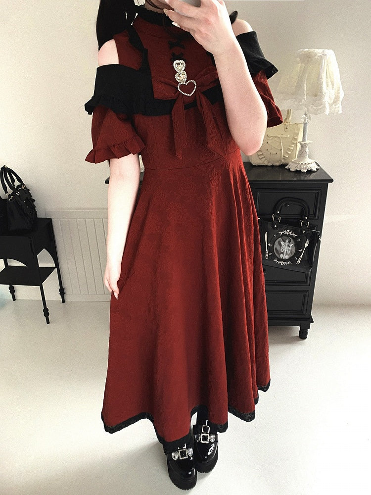Extended Cutout Shoulder Jacquard Dress, Ruffle & Bow Trim, 4 Colors - Kitty Bxllet