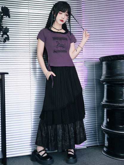 Purple Cotton Short Sleeve Square-Neck Tee with Carousel Print and Drawstring - Quirky Hut