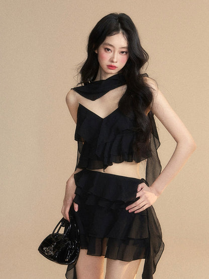 Tiered Black Chiffon V-Neck with Ruffles Cropped Cami Top Scarf Free