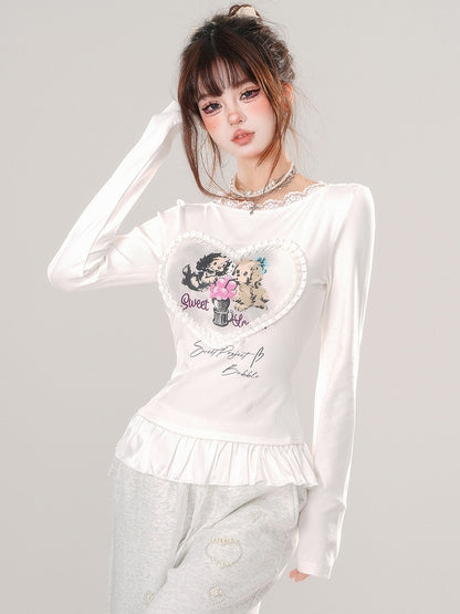 Grey/White Puppies Print Ruffle Hem Slim-fit T-shirt