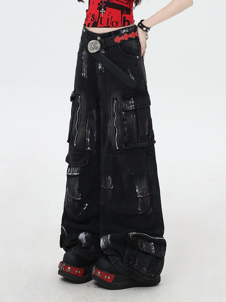 with Cut Rise Denim Pants Cargo Leg Paint Low Spray Black Wide