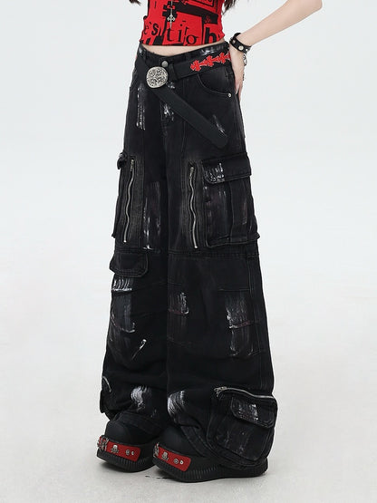 with Cut Rise Denim Pants Cargo Leg Paint Low Spray Black Wide