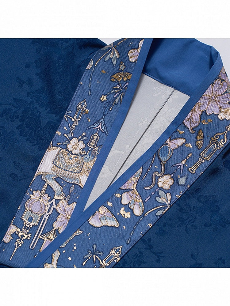 Dark Blue Hanfu-Inspired Wide-Sleeve Lolita Jacquard Top with Floral Embroidery - Hua Xian Ji Hanfu