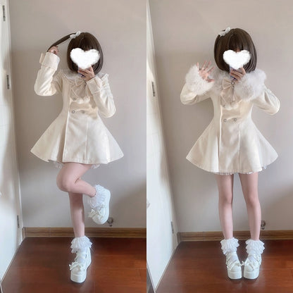 ジライケイ ベージュ 取り外し可能なプラッシュカラーとカフス 地雷風 リボン付きウールコート