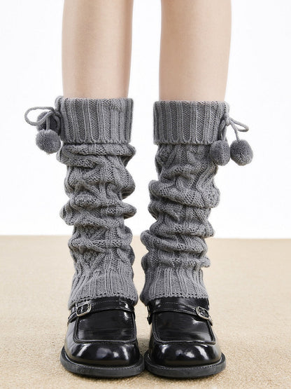 Knit with 5-Color Leg Warmers Detail Cable Bow Pom-Pom
