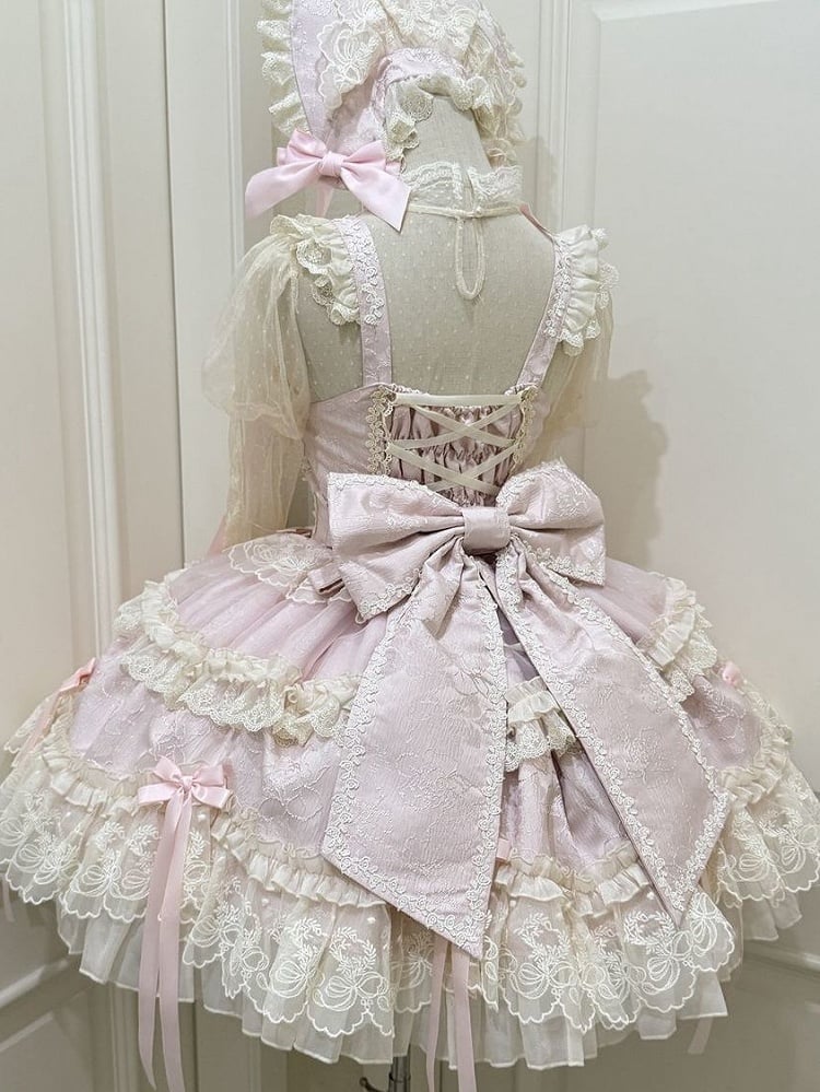 Stoff Rosa Lolita Süßes Kleid Schleife Jacquard Akzente Pullover Rock