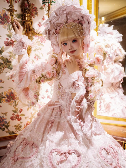 Bead Trim Lace Light Chains and with Pink/Rose Pink Flower Bonnet Lolita