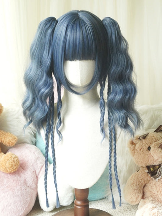 Staubblaue Bob-Kurzperücke mit Pony+Doppelt gewellte Pferdeschwanz-Krallenclips