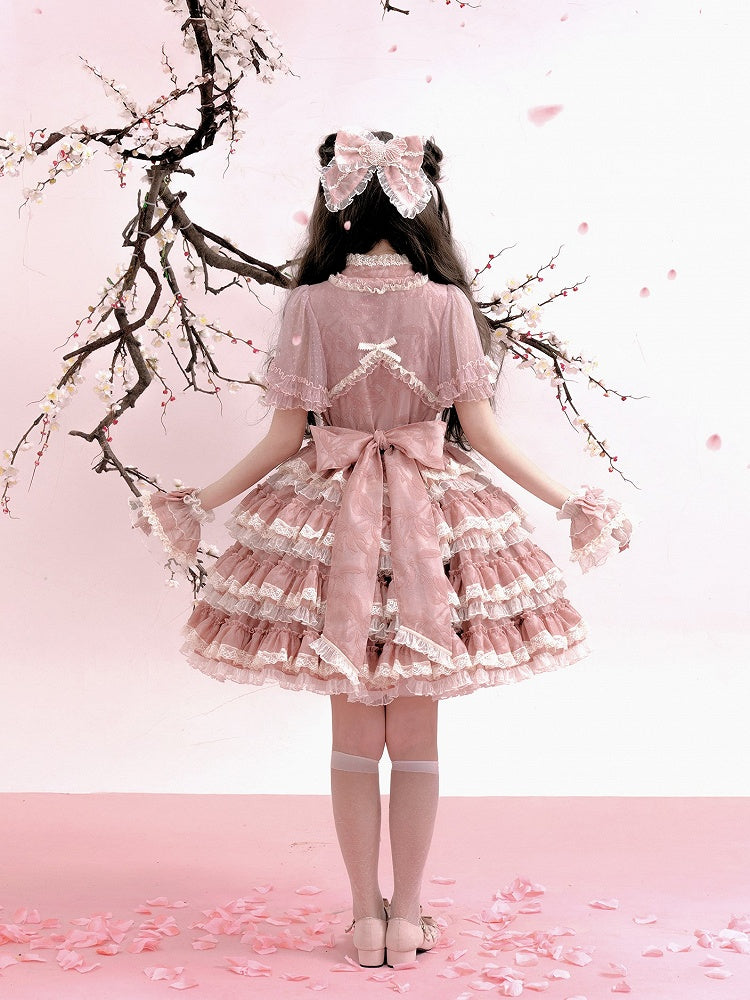 Süßes Lolita-Kleid mit Rüschenstickerei und rosa Spitze und Goldfischdetails