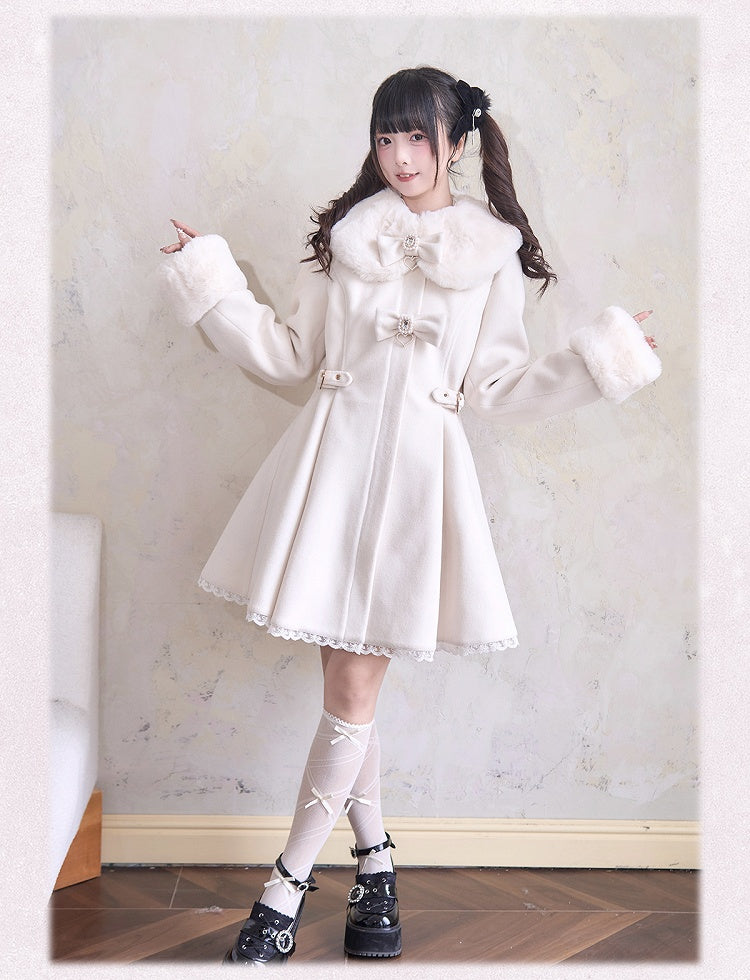 Cuffs and Beige Coat Rhinestones Lace Trim Jirai Kei Plush Bowknots Collar