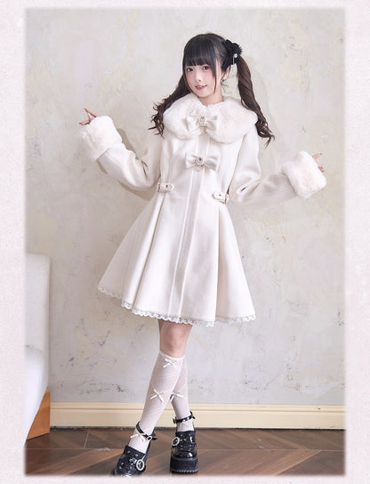 Cuffs and Beige Coat Rhinestones Lace Trim Jirai Kei Plush Bowknots Collar
