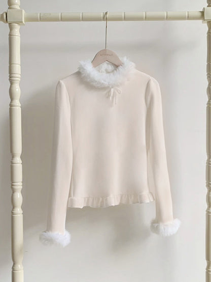 for Top Neckline Warm and Lolita Cuffs Beige Knit Plush Autumn/Winter