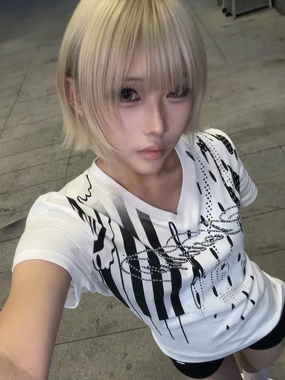 White V-Neck Short Sleeve Tee with Music Note Print - DETW OnLine