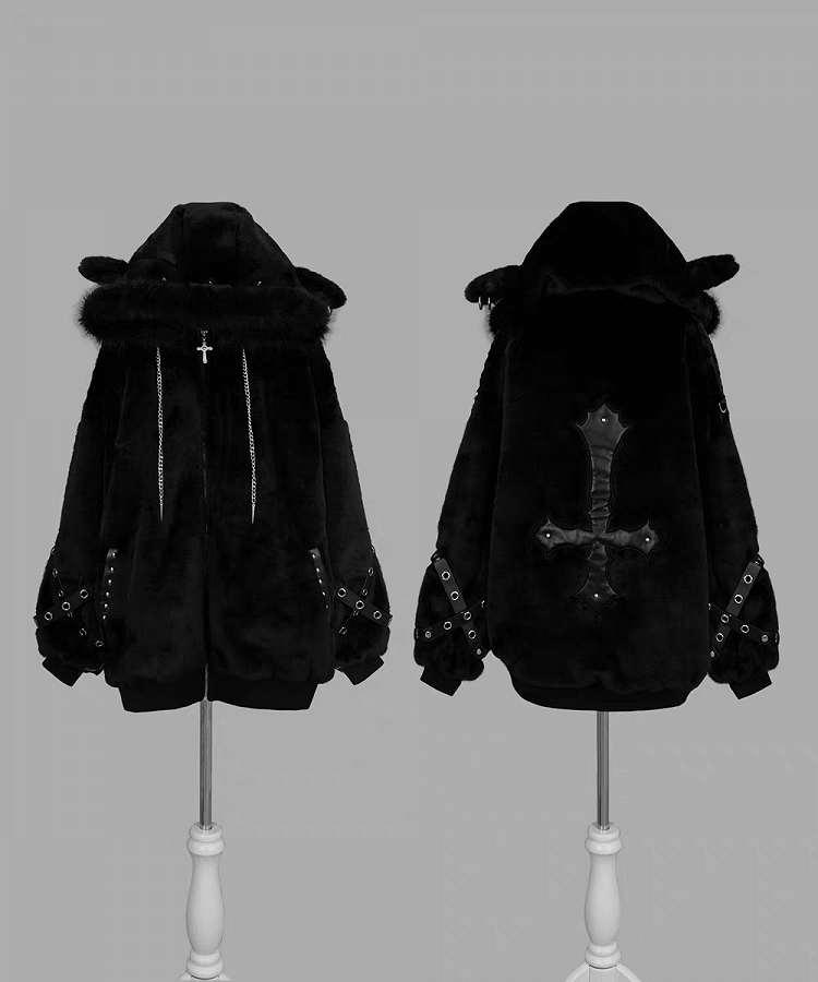 Jirai Kei White / Black Plush Lamb Ear Hooded Coat with Crossed Eyelet Straps and Back Cross Applique