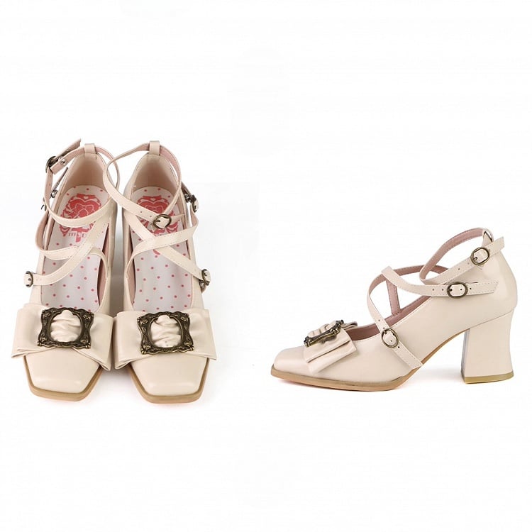 Frame Mid-heel Bow Picture Beige Design Classic Square Lolita at - Top Shoes Toe Vintage