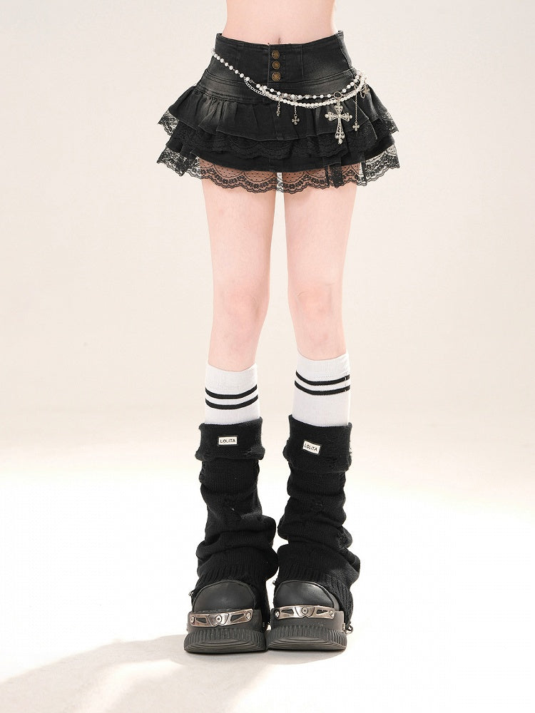 Tiered Design Lace Skirt Distressed Trim Black Denim