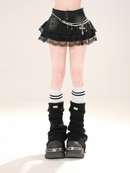 Tiered Design Lace Skirt Distressed Trim Black Denim